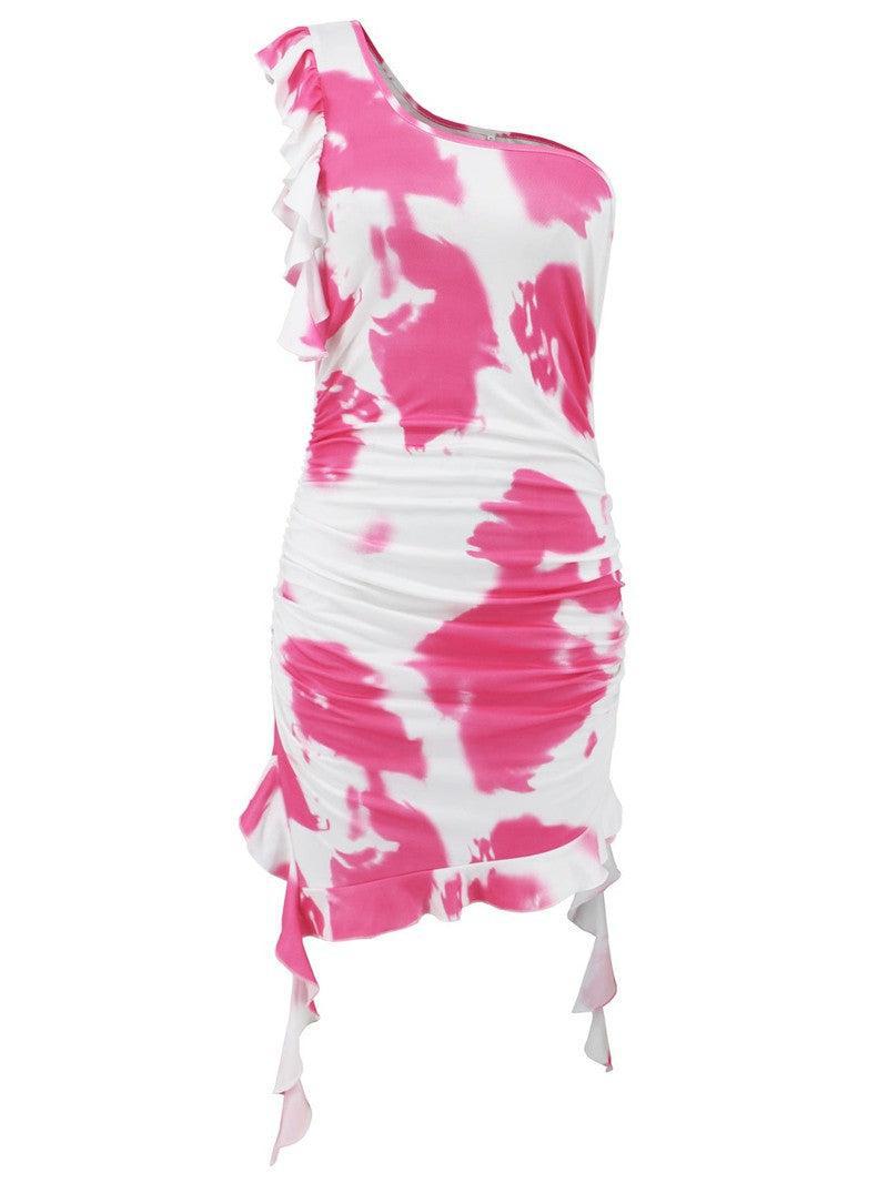 Ruffled Tie-Dye Single Shoulder Mini Dress-15