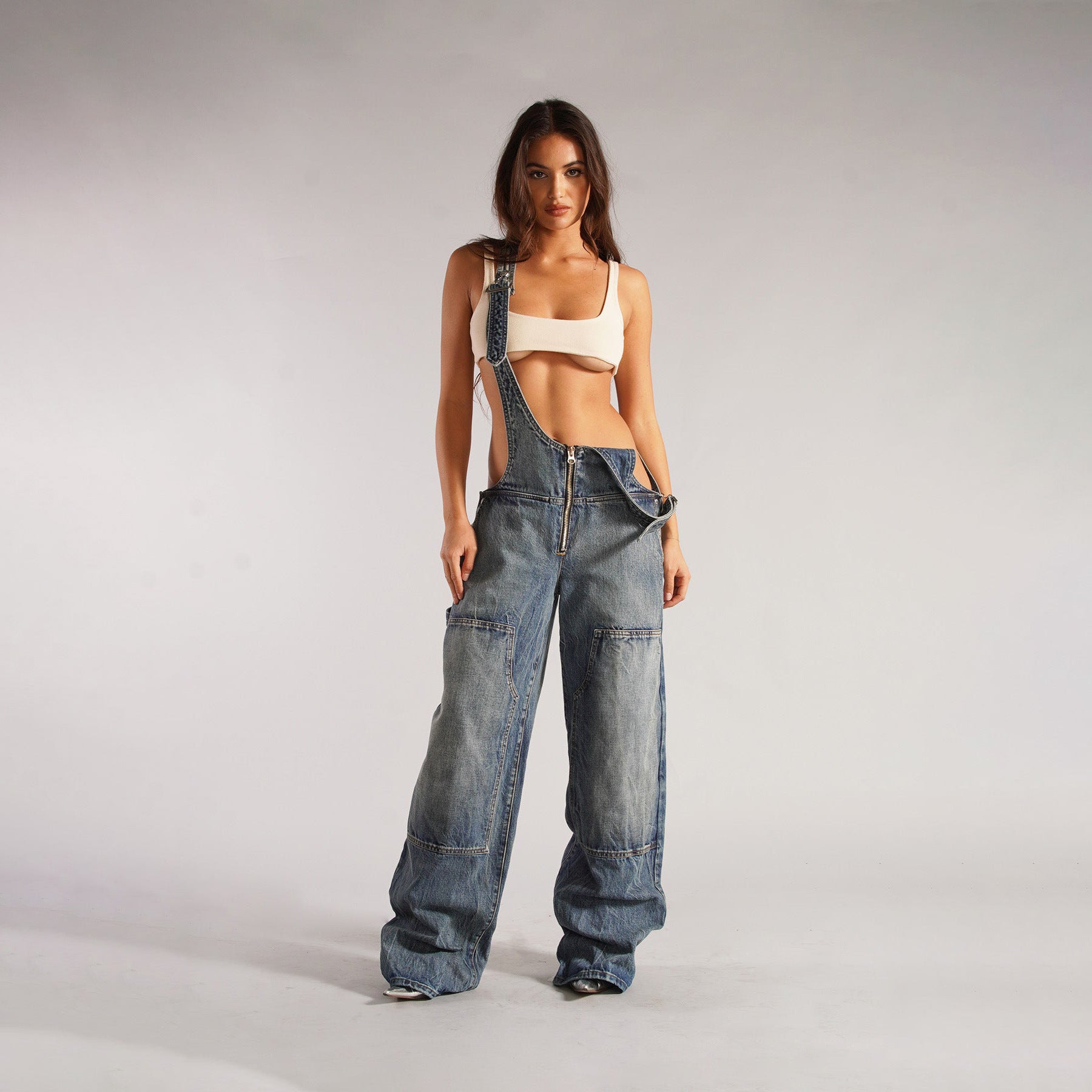 Zipper Denim Overalls with Pockets – Loose Fit Suspender Jumpsuit for Women | Trendy Streetwear Jeans