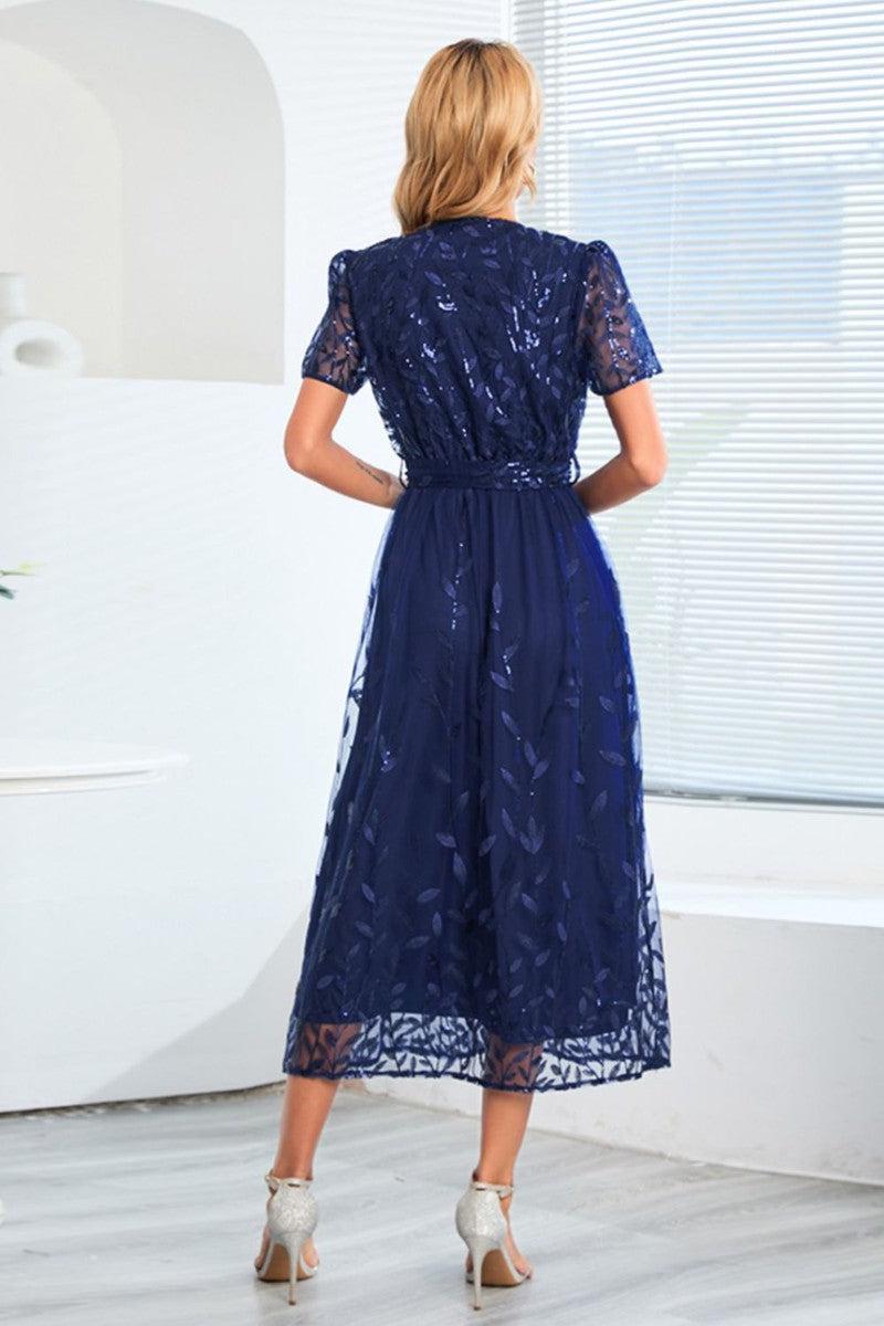 Sequin Leaf Embroidery Tie Front Short Sleeve Dress-4