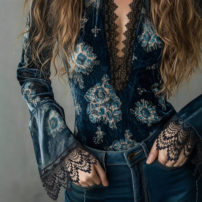 Retro Lace Panel V-Neck Blouse