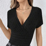 Women's V-Neck Cross Wrap Ribbed Sweater | Sexy and Versatile Knitted Top