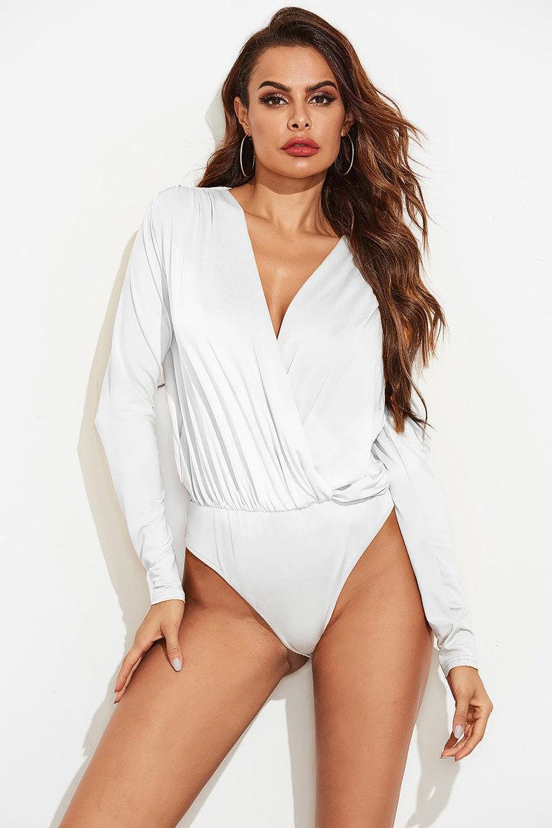 Surplice Long Sleeve Bodysuit-White-4