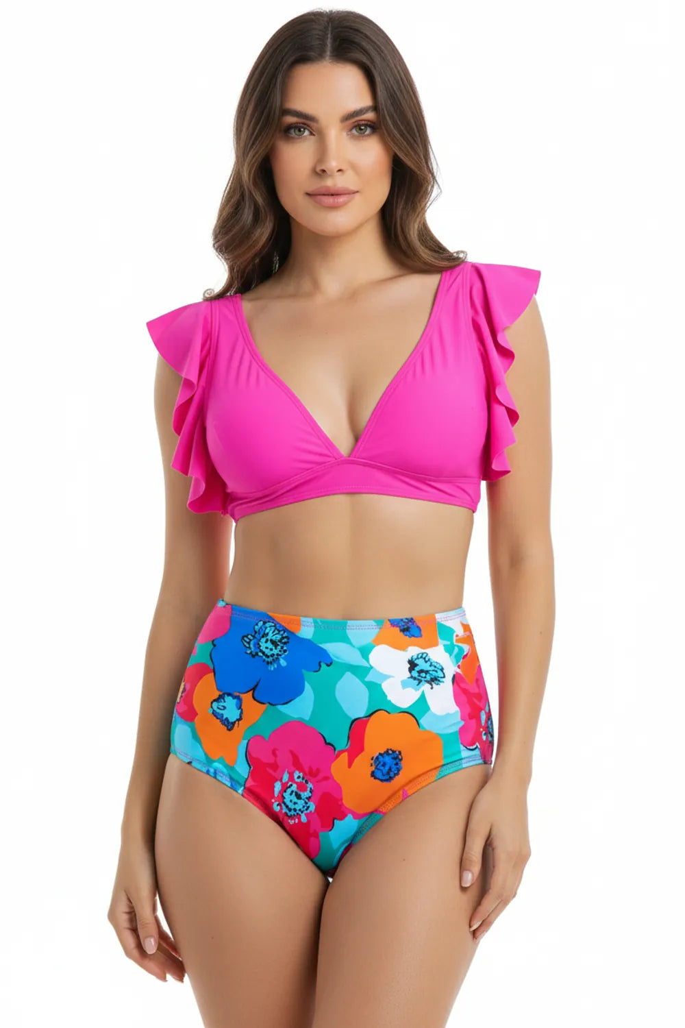 Pink ruffle sleeve bikini top with high-waisted floral print bottoms, colorful retro swimwear on white background