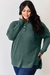 Basic Bae Full Size Ribbed Half Button Long Sleeve High-Low T-Shirt-14