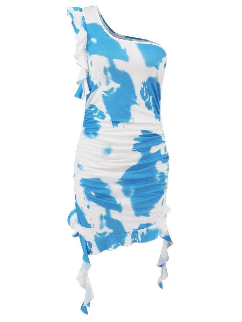 Ruffled Tie-Dye Single Shoulder Mini Dress-9