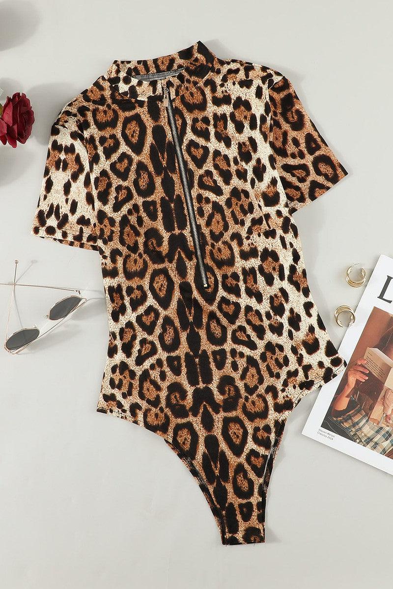 Leopard Half Zip Short Sleeve Bodysuit-5