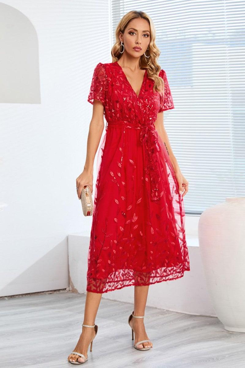 Sequin Leaf Embroidery Tie Front Short Sleeve Dress-16