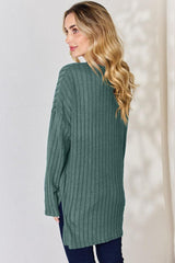 Basic Bae Full Size Ribbed Half Button Long Sleeve High-Low T-Shirt-9