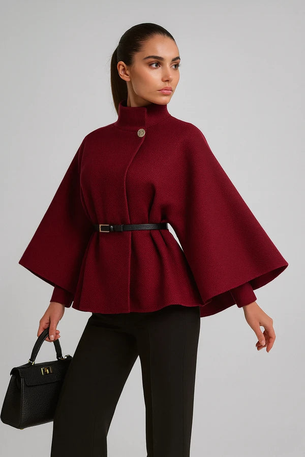 Elegant burgundy cape coat with belt for women
