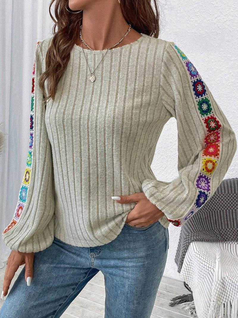 Embroidered Round Neck Long Sleeve Top-9