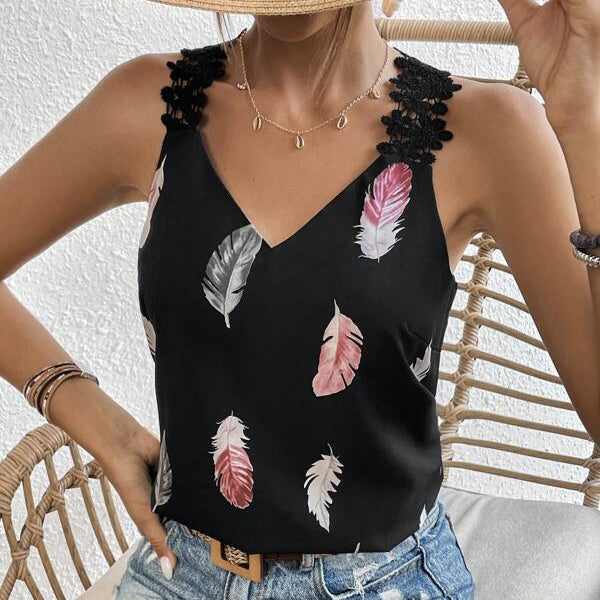 Women's Printed Feather Pattern V-Neck Camisole Vest | Slimming and Stylish Sleeveless Top