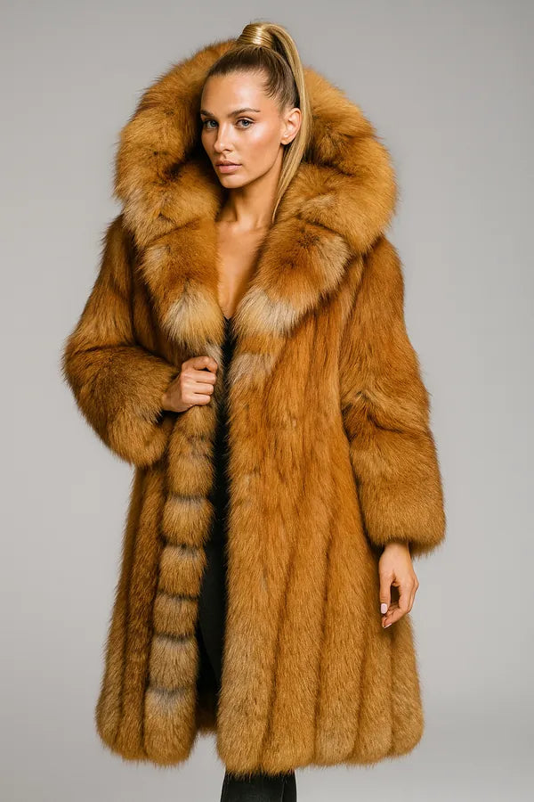 Women's luxury red fox faux fur coat with hood - statement winter outerwear