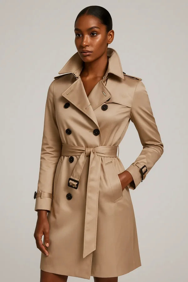 Classic tan trench coat for women - elegant belted outerwear for timeless style