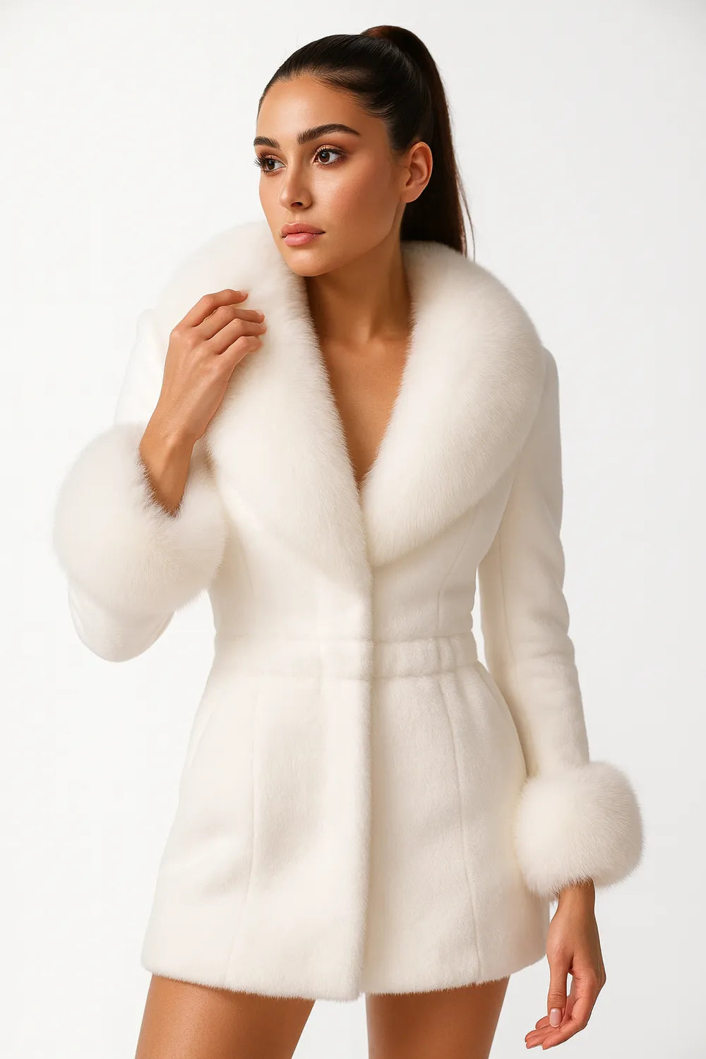 Women's luxury faux fur coat in pure white – elegant short winter jacket with wide collar and fluffy cuffs