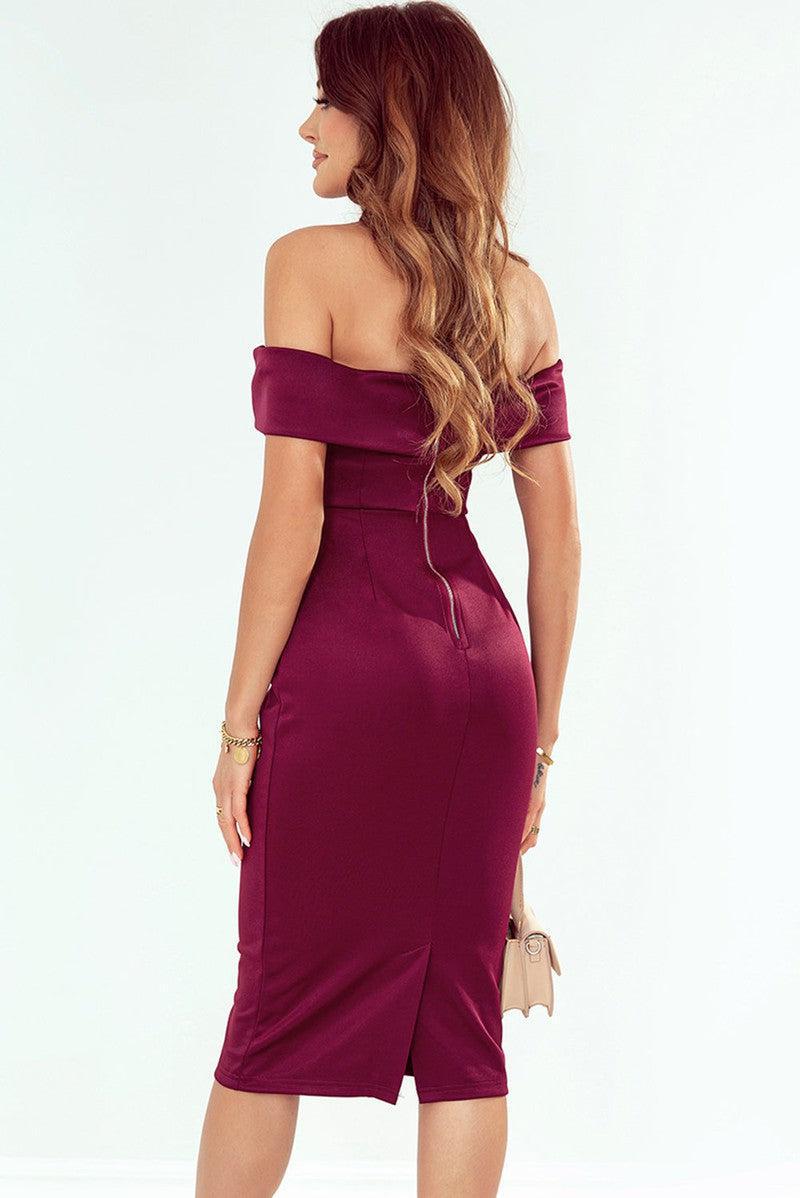 Off-Shoulder Zip-Back Slit Dress-15