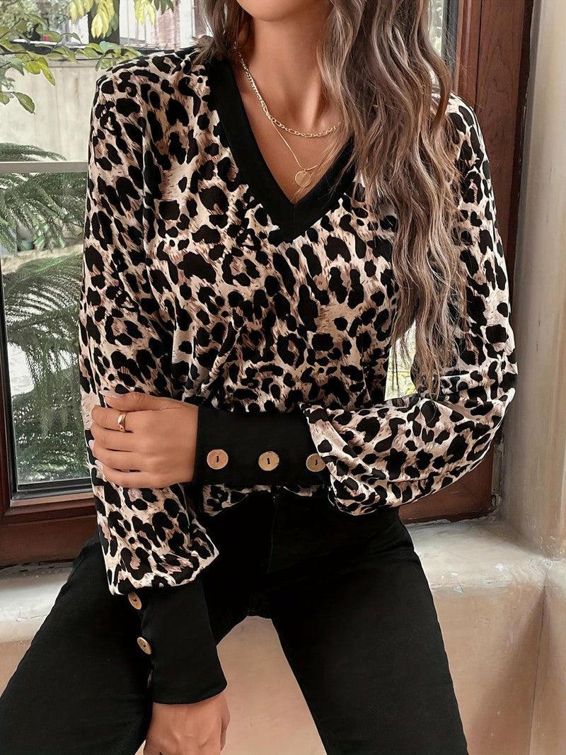 Decorative Button Leopard V-Neck Long Sleeve T-Shirt-4