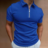 Men's Summer Slim Fit Short Sleeve Zipper Stripe Lapel Polo Shirt