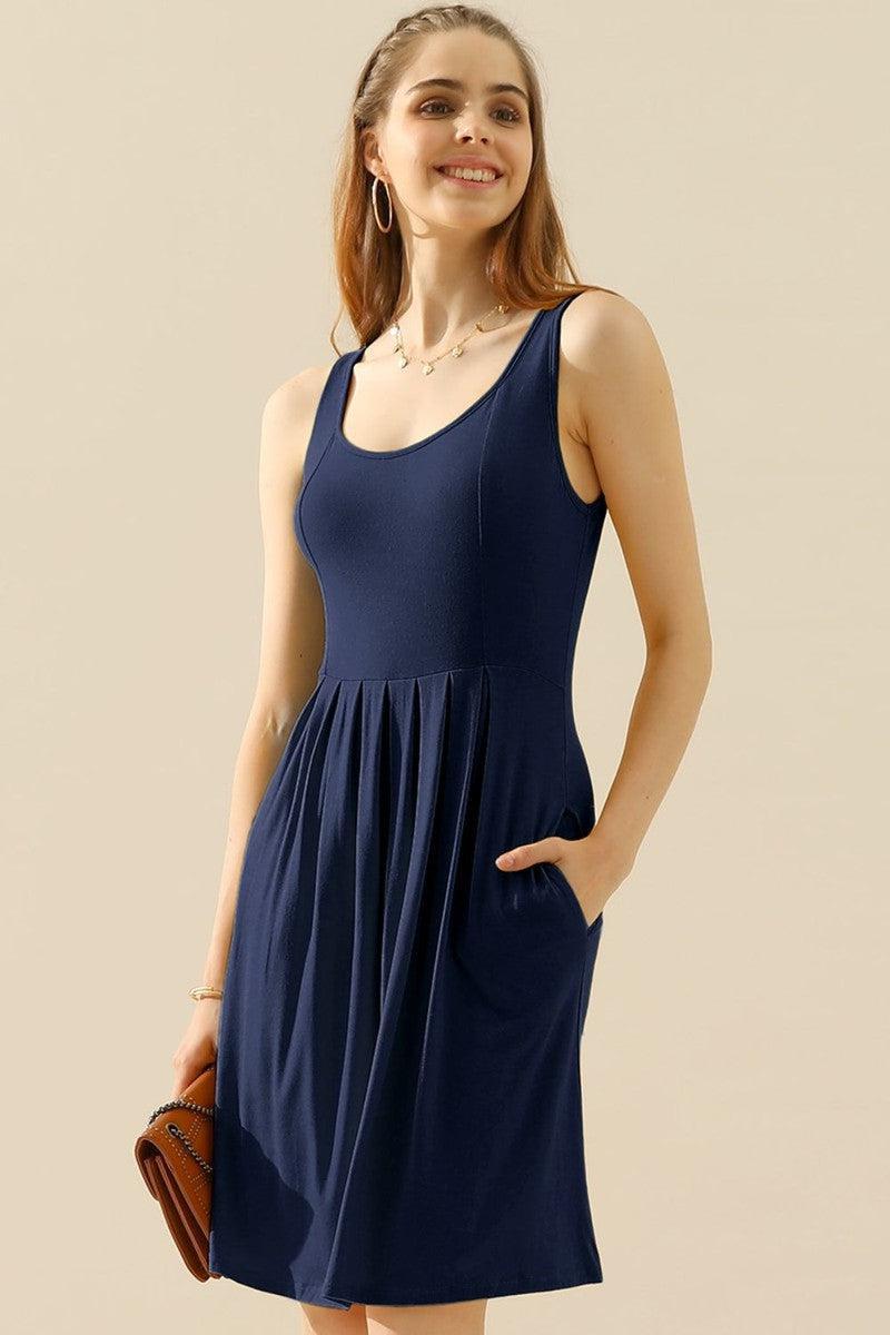 Doublju Full Size Round Neck Ruched Sleeveless Dress with Pockets-NAVY-13