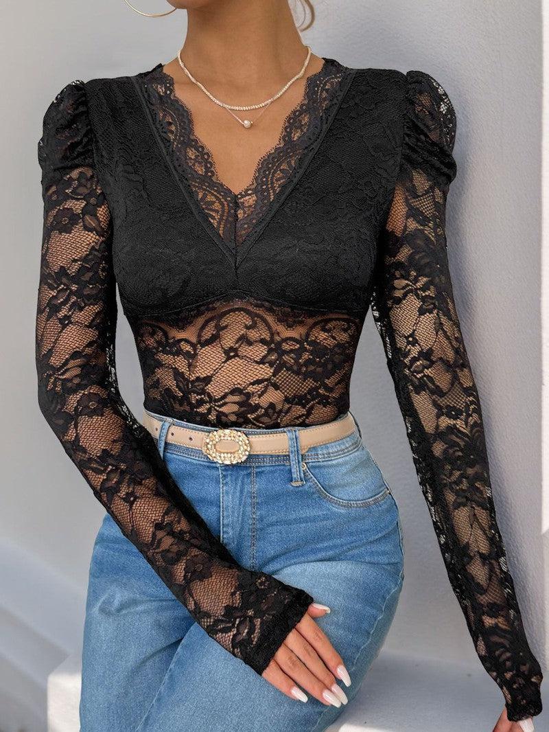 Perfee Lace V-Neck Long Sleeve Bodysuit-6