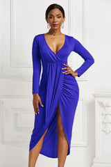 High-low Ruched Surplice Long Sleeve Dress-7