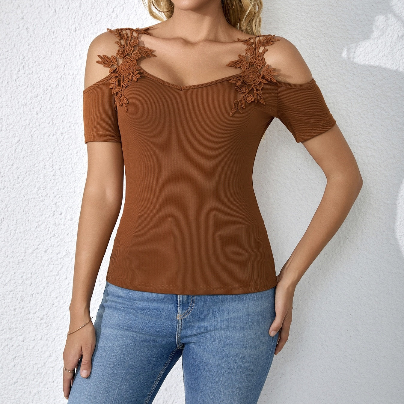 Ladies' Lightweight V-Neck Lace Patchwork T-Shirt | Casual Solid Color Top