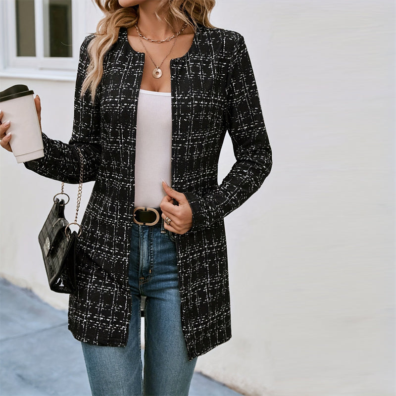 Checkered Collarless Mid-Jacket