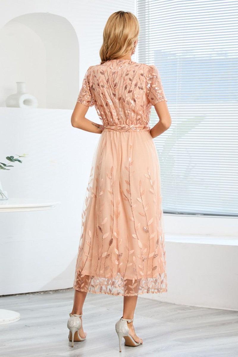 Sequin Leaf Embroidery Tie Front Short Sleeve Dress-25