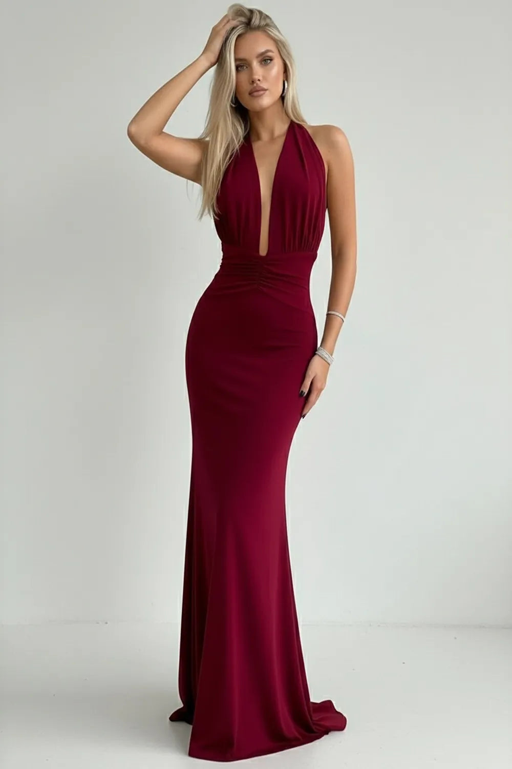 Burgundy halter neck mermaid gown with deep V neckline, elegant formal evening dress for women