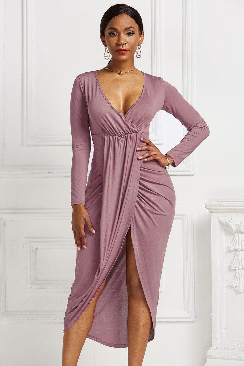 High-low Ruched Surplice Long Sleeve Dress-26