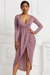 High-low Ruched Surplice Long Sleeve Dress-26