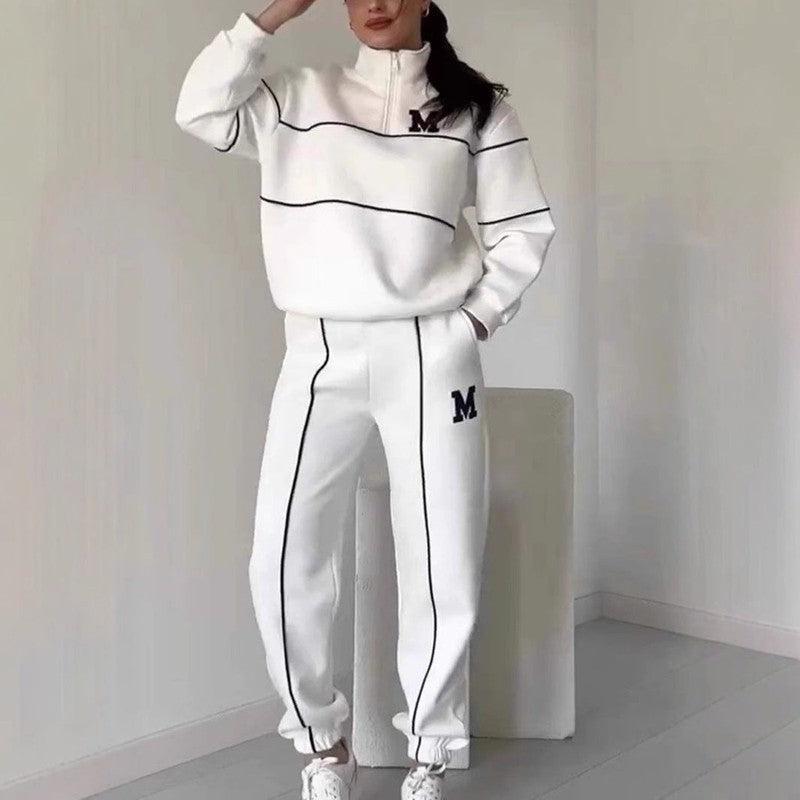 Womens 2 Piece Outfits Lounge Hoodless Pullover Sweatshirt Sweatsuit Sets Sweatshirt Baggy Fashion Sweatpants With Pockets-White-1