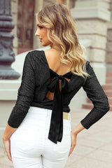 Bowknot V-Neck Long Sleeve Blouse-7