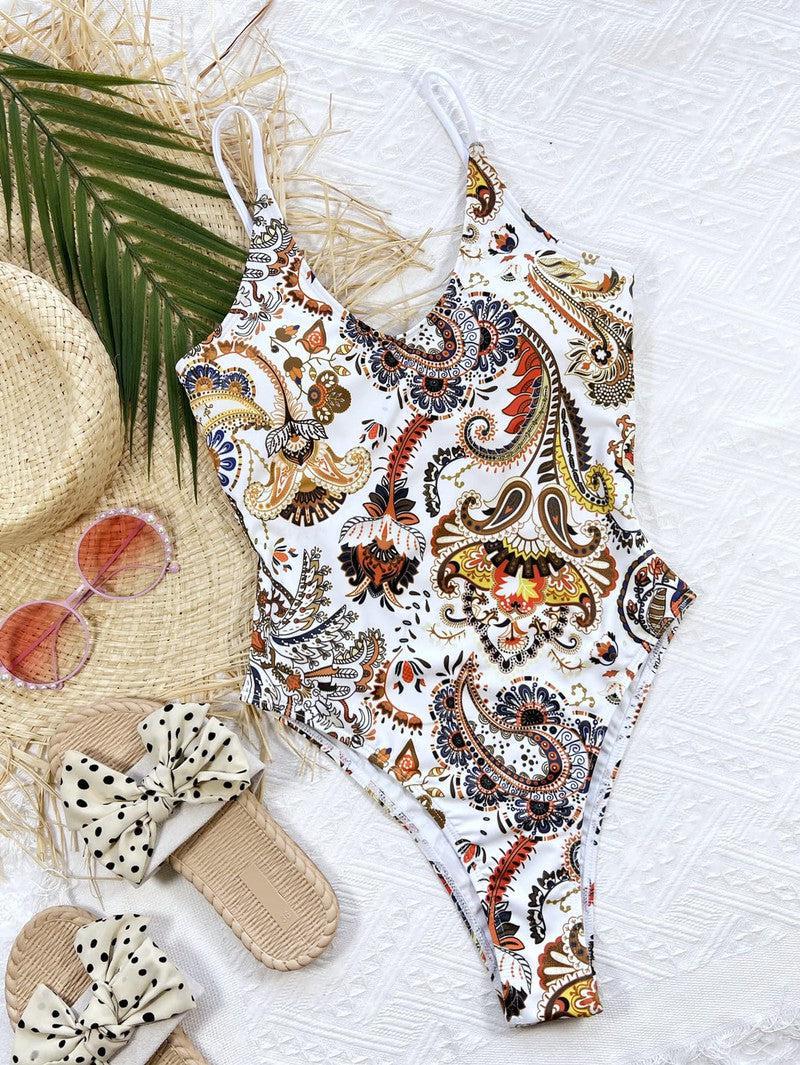 Printed Tie Back Scoop Neck One-Piece Swimsuit-3