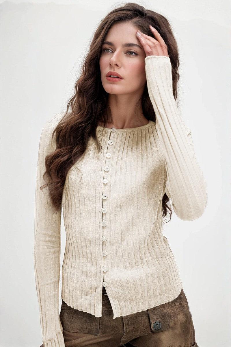 Basic Bae Texture Button Up Round Neck Long Sleeve Top-Beige-3