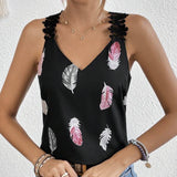 Women's Printed Feather Pattern V-Neck Camisole Vest | Slimming and Stylish Sleeveless Top