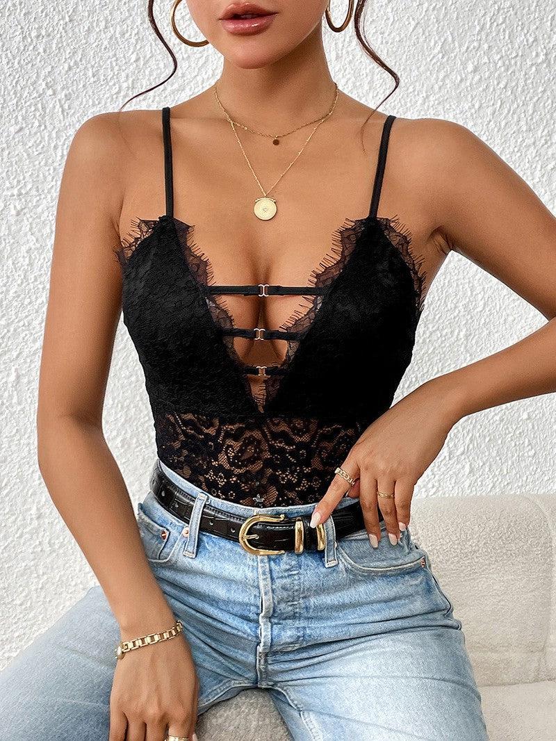 Perfee Lace Plunge Spaghetti Strap Bodysuit-6