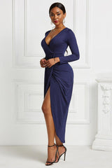 High-low Ruched Surplice Long Sleeve Dress-23