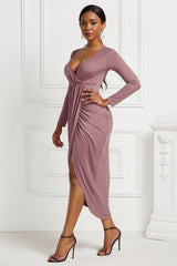 High-low Ruched Surplice Long Sleeve Dress-28