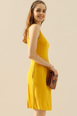 Doublju Full Size Round Neck Ruched Sleeveless Dress with Pockets-MUSTARD-10