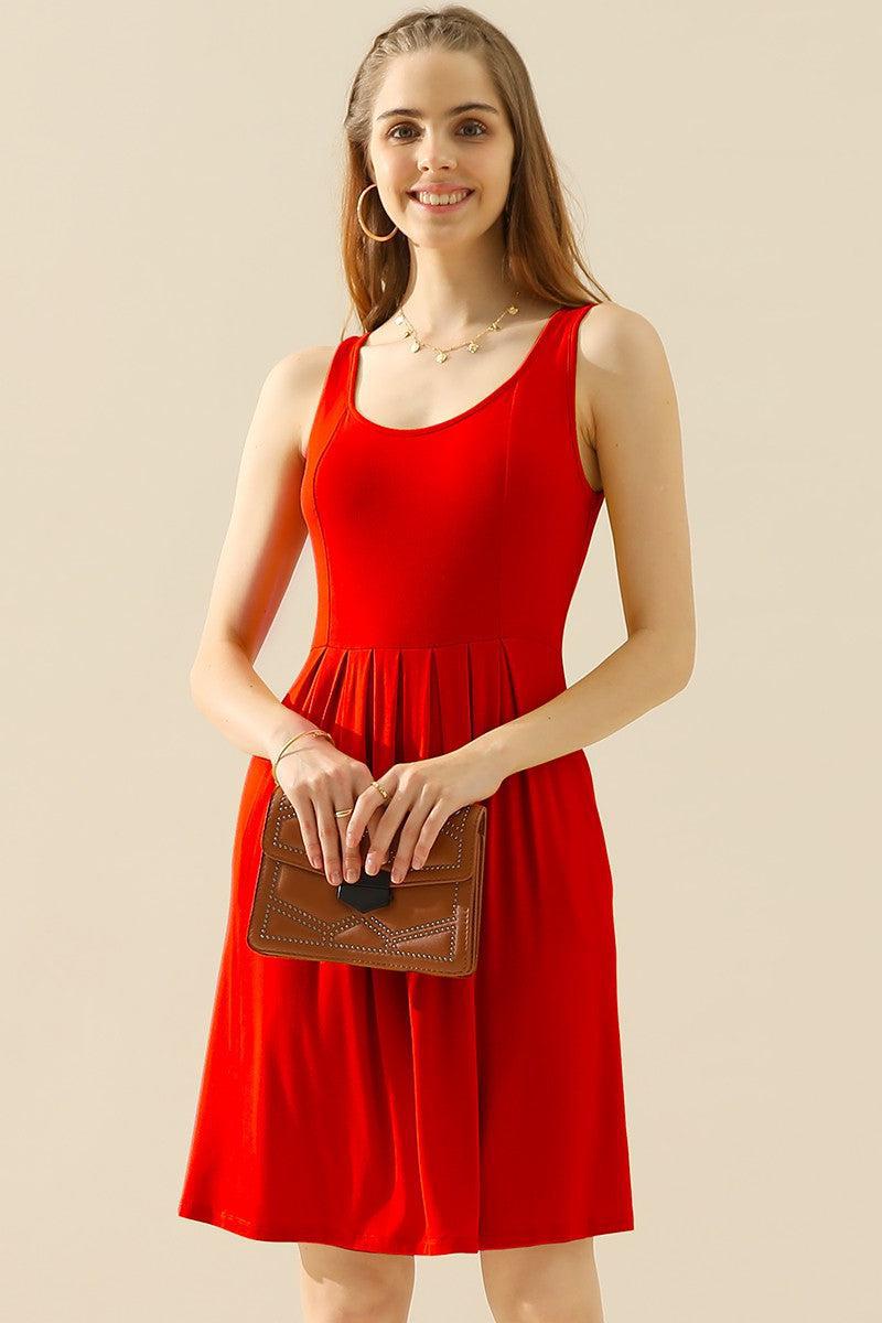 Doublju Full Size Round Neck Ruched Sleeveless Dress with Pockets-RED-15