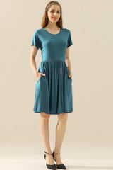 Ninexis Full Size Round Neck Ruched Dress with Pockets-TEAL-15