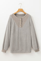 Contrast Quarter Button Round Neck Long Sleeve Top-9