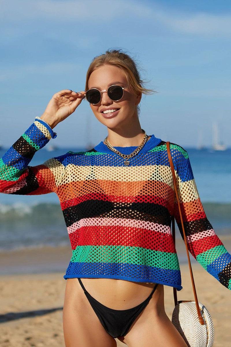 Angel Wings Rainbow Stripe Openwork Long Sleeve Cover-Up-8