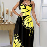 Ladies' V-Neck Elegant Butterfly Print Maxi Dress – Stylish and Comfortable Black Long Skirt Dress