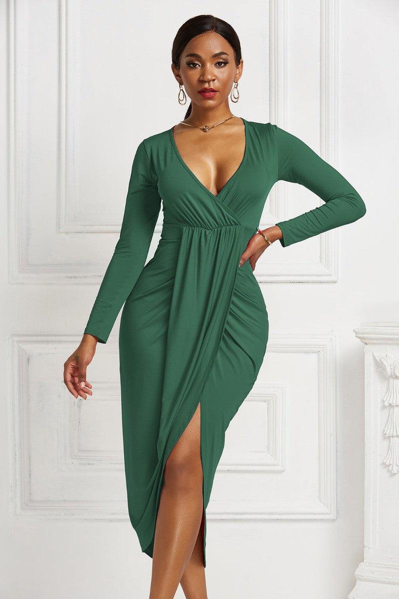 High-low Ruched Surplice Long Sleeve Dress-17