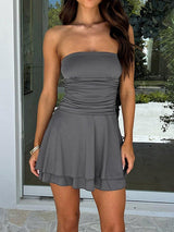 Ruched Layered Tube Mini Dress-11