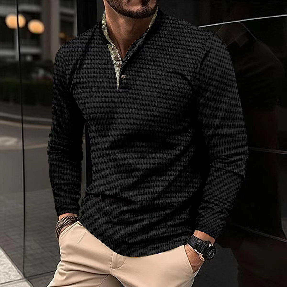 Men's Double Layer Lapel Polo Shirt | Fashion Waffle Long-Sleeved Top