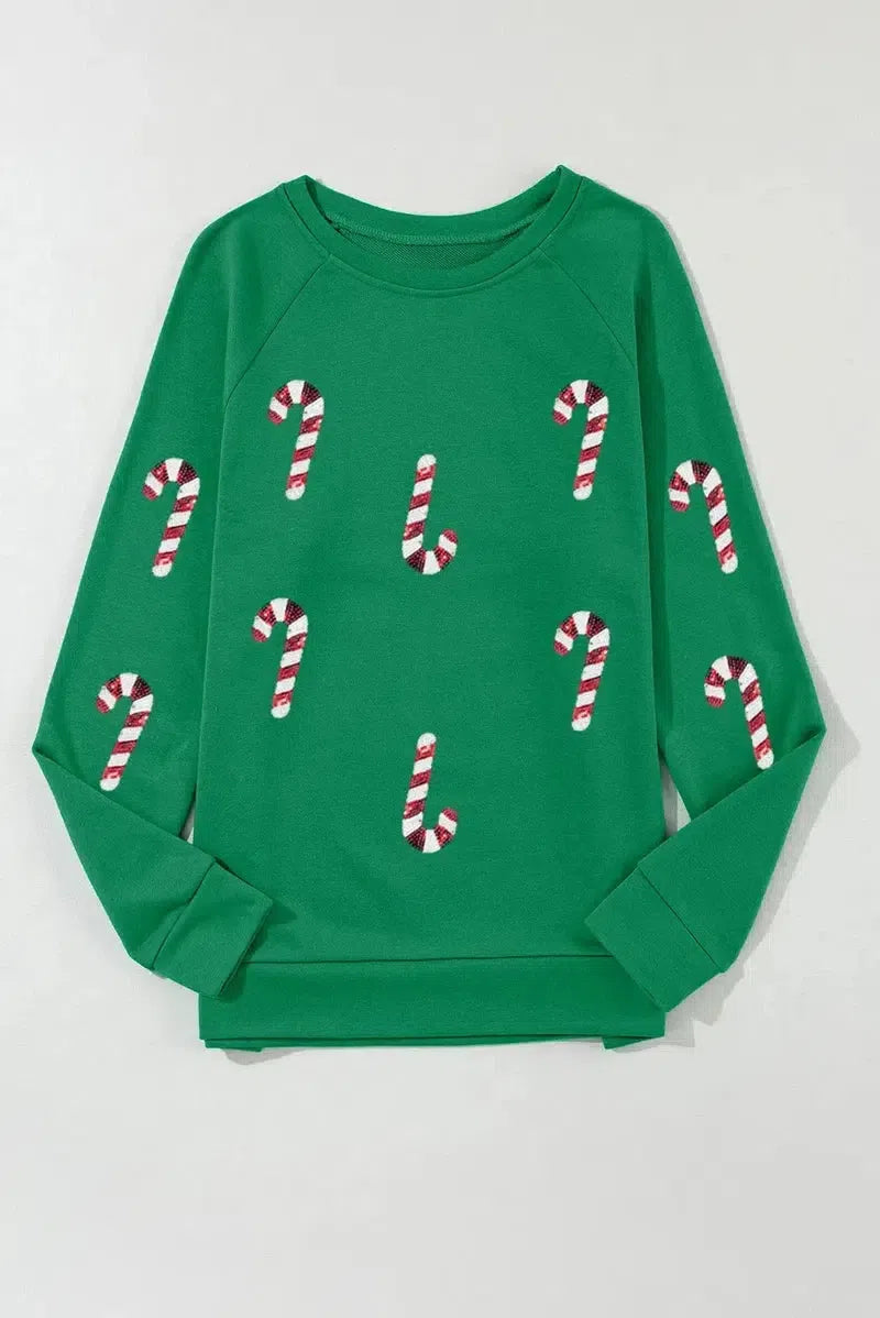 Candy Cane Round Neck Long Sleeve Sweatshirt-3