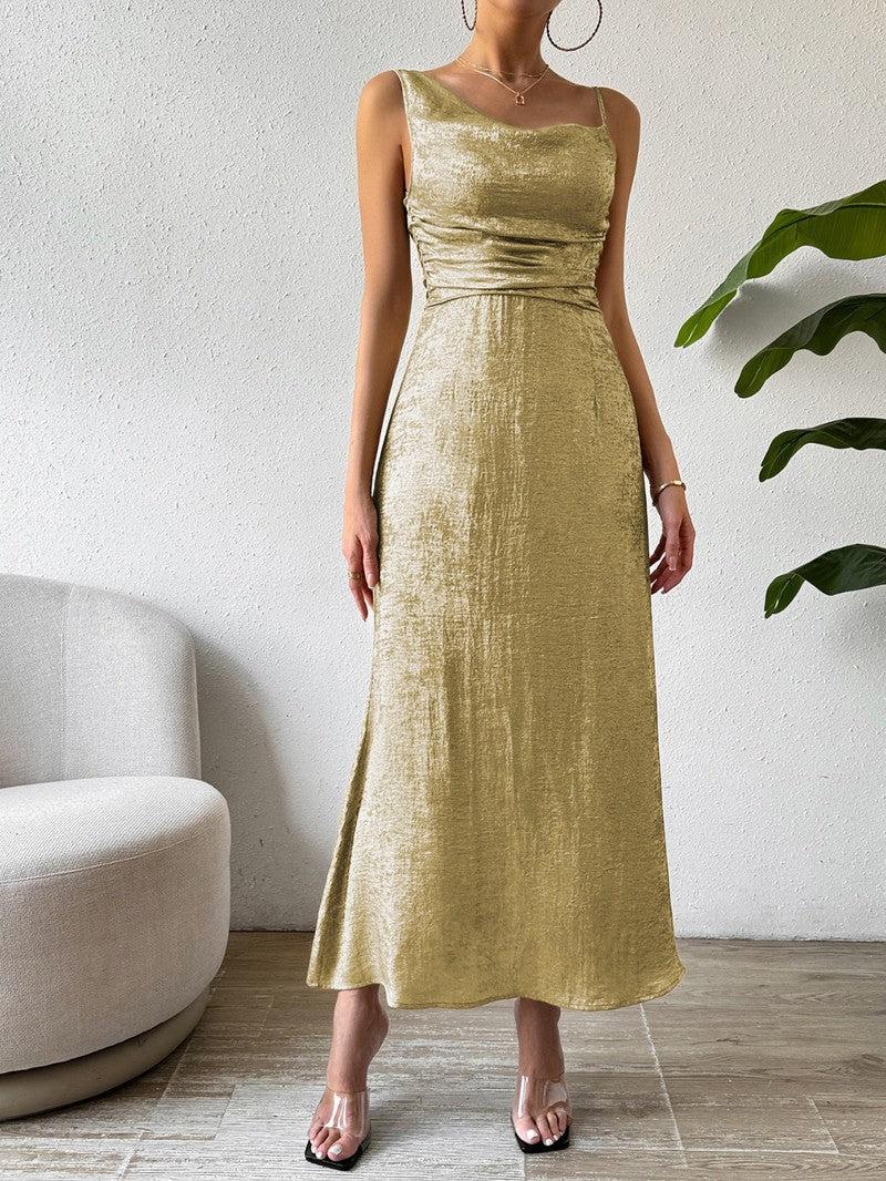 Honey Asymmetric Neck Sleeveless Midi Dress-Yellow-Green-4