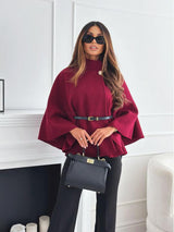 New Stand Collar Batwing Sleeves Cloak Top – Woolen Sweater Jacket with Belt | Elegant & Fashionable Outerwear for Women-Wine Red-1